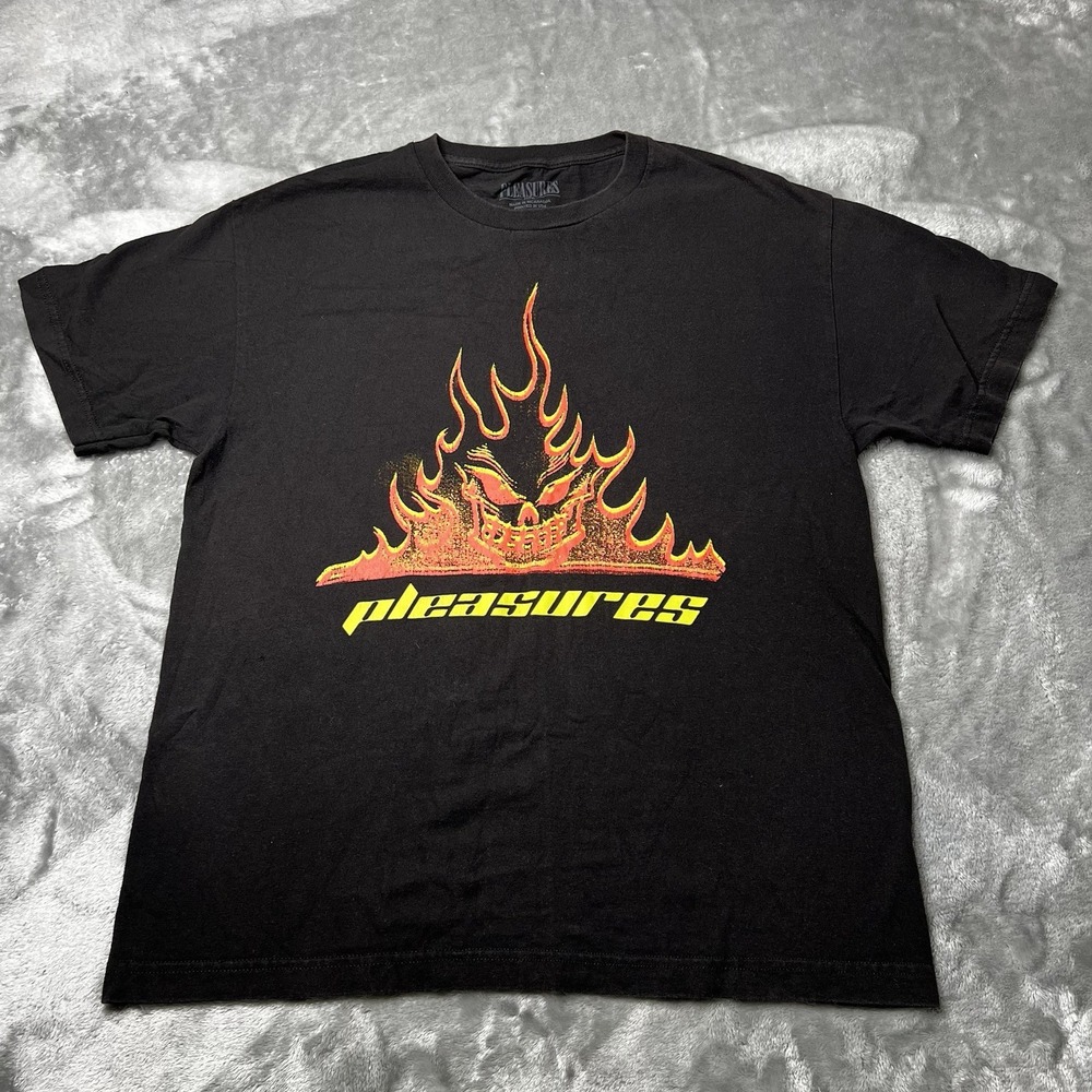 Pleasures Shirt Men Size Large Flame Boy T-Shirt Black Skater Fire
